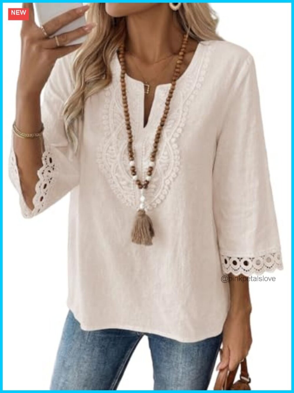 Womens Boho Lace 3/4 Sleeve V-Neck Blouse Loose Fit Summer Top